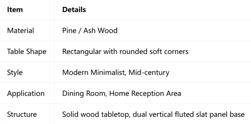 Rectangular Solid Wood Dining Table, Pine / Ash Wood Fluted Panel Base Modern Dining Table