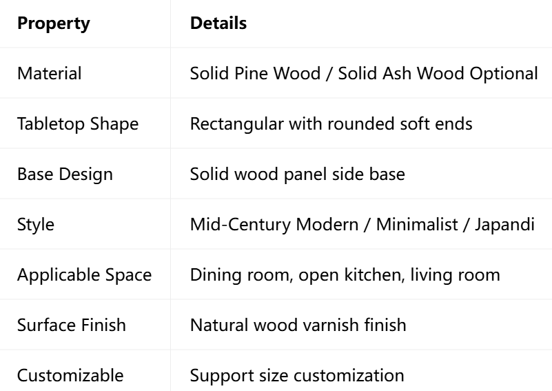 Solid Wood Rounded‑End Dining Table, Pine / Ash Wood Optional, Modern Mid‑Century Rectangular Dinner Table