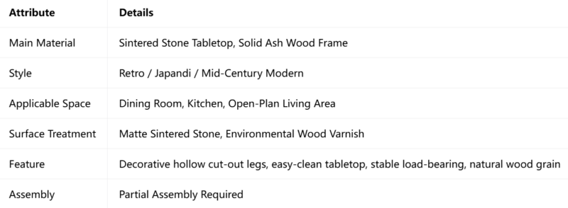 Retro Hollow‑Leg Dining Table, Sintered Stone Tabletop with Solid Ash Wood Frame for Home Dining Room