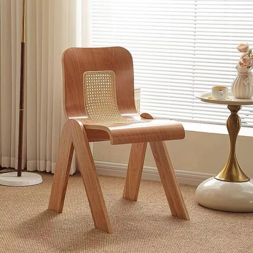 QONKA Modern Curved Plywood Rattan Dining Chair, Minimalist Solid Bent Wood Woven Rattan Back Side Chair For Home Ca SKU variant photo