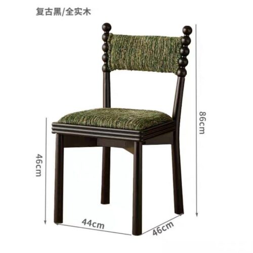 French Retro Black Solid Wood Dining Chair, Jacquard Floral Fabric Padded Chair With Bobbin Posts For Cafe Hotel - Solid w...