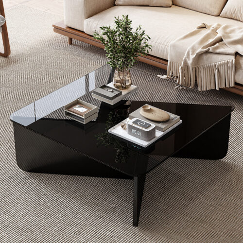 Modern minimalist Square Glass Coffee Table, Solid Wood Geometric Base Center Table For Living Room Decor - Coffee table -...