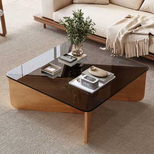 Modern minimalist Square Glass Coffee Table, Solid Wood Geometric Base Center Table For Living Room Decor - Coffee table -...