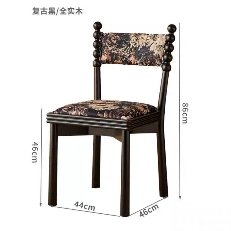 French Retro Black Solid Wood Dining Chair, Jacquard Floral Fabric Padded Chair With Bobbin Posts For Cafe Hotel