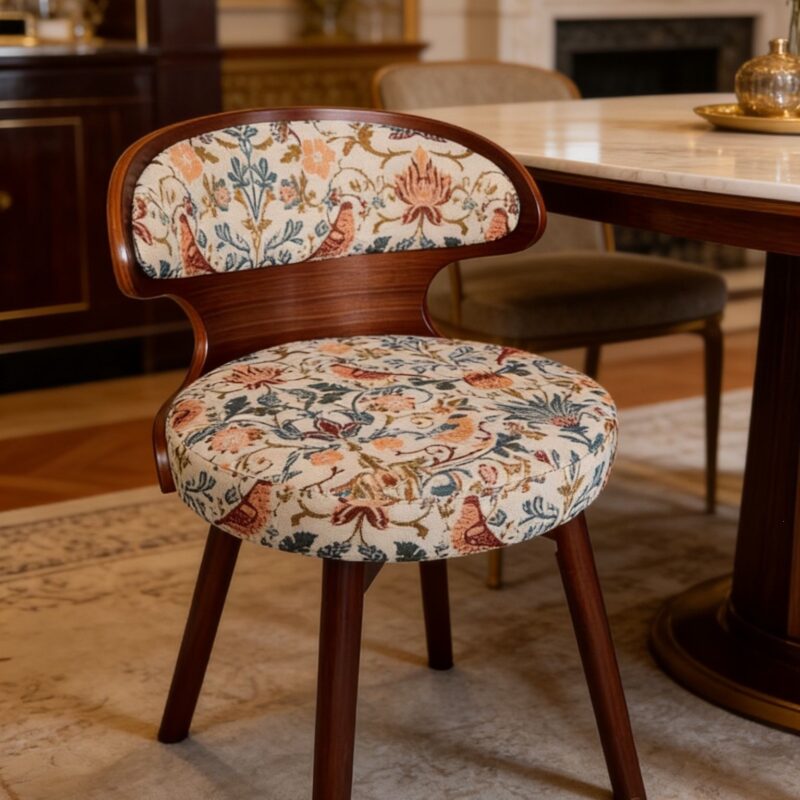 Vintage Floral Bird Print Fabric Dining Chair, Curved Bentwood Backrest Solid Wood Leg Upholstered Side Chair