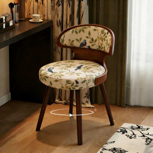 Vintage Floral Bird Print Fabric Dining Chair, Curved Bentwood Backrest Solid Wood Leg Upholstered Side Chair - Solid wood...