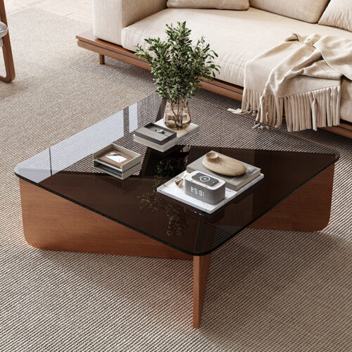 Modern minimalist Square Glass Coffee Table, Solid Wood Geometric Base Center Table For Living Room Decor - Coffee table -...