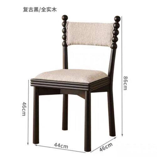 French Retro Black Solid Wood Dining Chair, Jacquard Floral Fabric Padded Chair With Bobbin Posts For Cafe Hotel - Solid w...