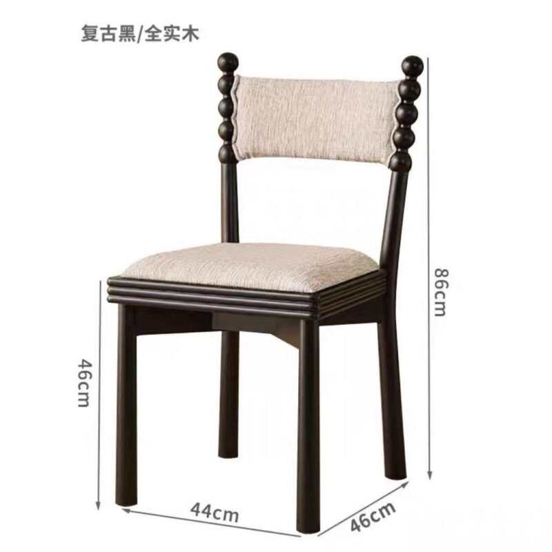 French Retro Black Solid Wood Dining Chair, Jacquard Floral Fabric Padded Chair With Bobbin Posts For Cafe Hotel