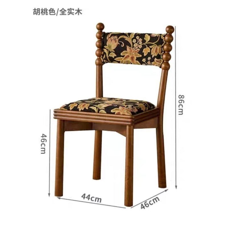 French Retro Black Solid Wood Dining Chair, Jacquard Floral Fabric Padded Chair With Bobbin Posts For Cafe Hotel