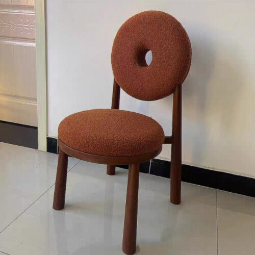 Solid Wood Dining Chair Donut Round Back Teddy Fabric Upholstered Makeup Stool for Bedroom Cafe Home Restaurant - Solid wo...