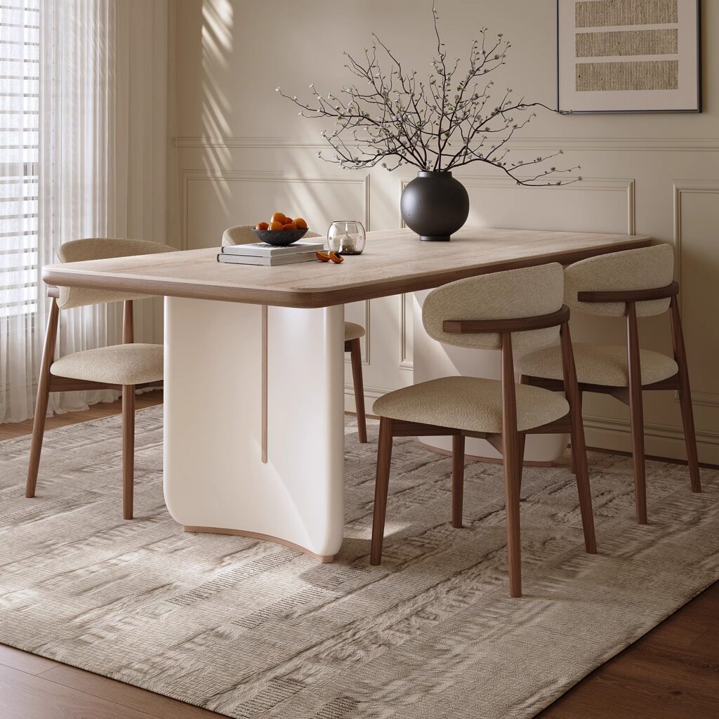 Modern Rectangular Dining Table Sintered Stone Top with Solid Wood Legs Cream Style Dinner Table - Dining table - QONKA HOME
