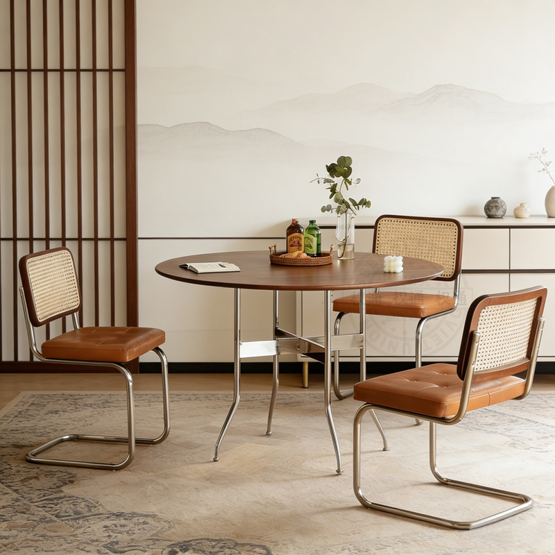 Vintage Round Dining Table Solid Wood Tabletop Carbon Steel Legs Mid‑Century Dining Table For Home Kitchen Dining Room
