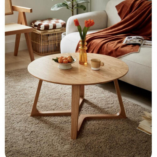 Modern Round Wood Grain Coffee Table, Minimalist Cross V-shape Leg Wooden Center Table - Bedside table - QONKA HOME