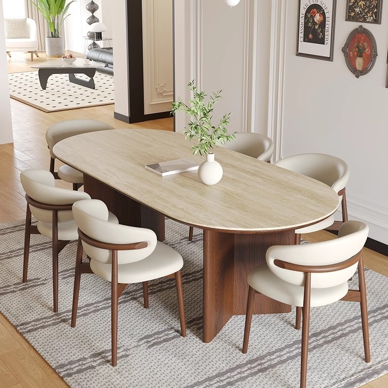 Oval Sintered Stone Dining Table With Solid Wood Legs Mid Century Home Dinner Table - Dining table - QONKA HOME