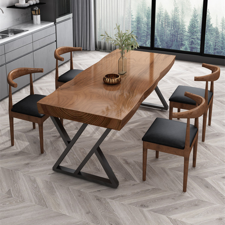 Modern Rock Slab Dining Table with Solid Pine Wood Legs Rectangular Home Dining Desk