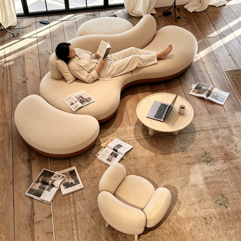 Nordic Minimalist, Retro, and Wabi-Sabi Styles; Curved Sofa - Living room furniture - QONKA HOME