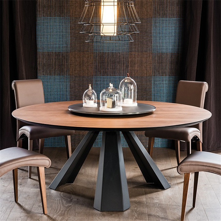 Round Solid Pine Wood Dining Table With Metal Iron Legs Luxury Home Dinner Table - Dining table - QONKA HOME