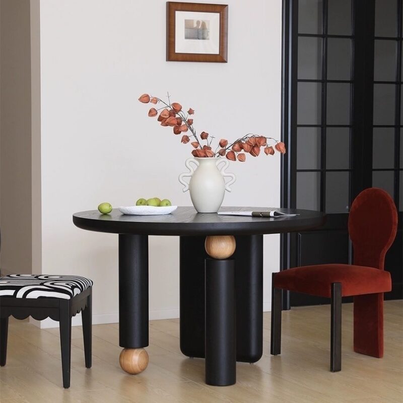 Round Solid Wood Dining Table with Ball Decor, Pine & Ash Wood Dining Table for Home Dining Room - Dining table - QON...