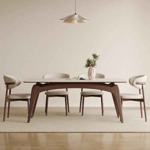 Modern Curved Leg Dining Table, Sintered Stone Tabletop with Solid Rubber Wood Frame for Dining Room - Dining table - QONK...