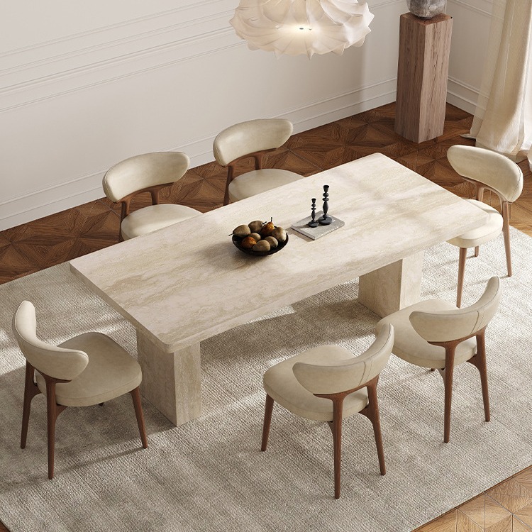 Modern Travertine‑Effect Sintered Stone Dining Table, Rectangular Stone Dining Table for Home Dining Room - Dining table...