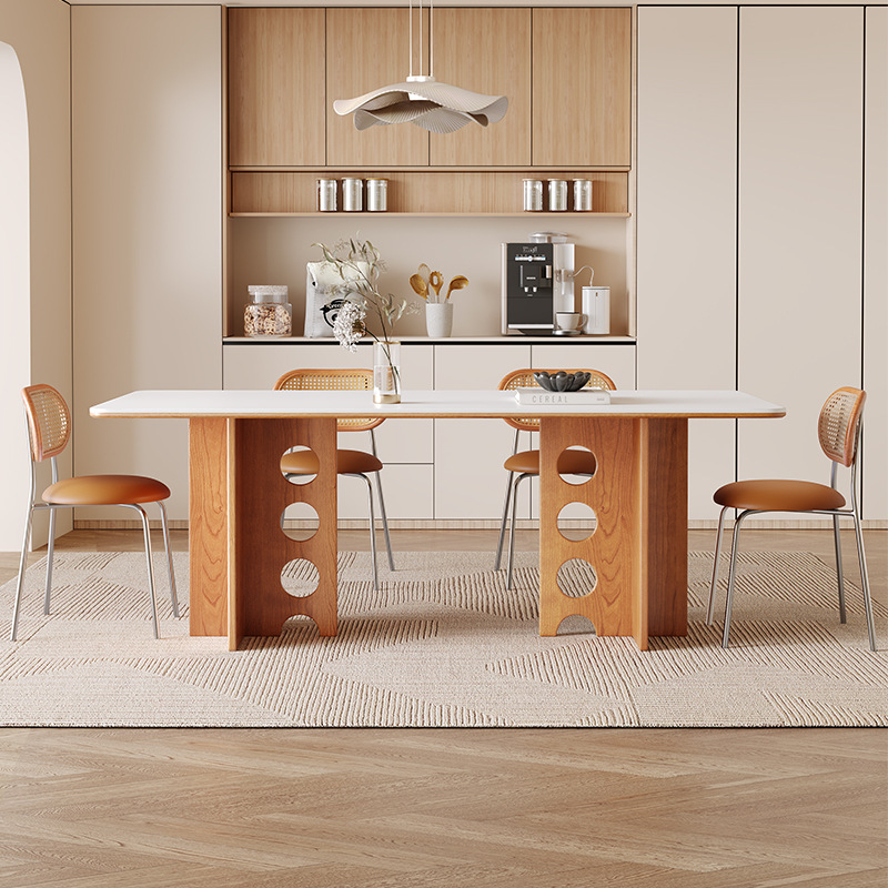 Retro Hollow‑Leg Dining Table, Sintered Stone Tabletop with Solid Ash Wood Frame for Home Dining Room