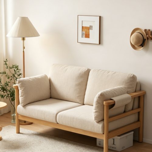 Rustic-Style Cotton-Linen Solid Wood Upholstered Sofa - Living room furniture - QONKA HOME
