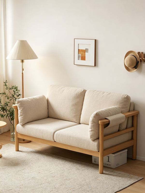 Rustic-Style Cotton-Linen Solid Wood Upholstered Sofa