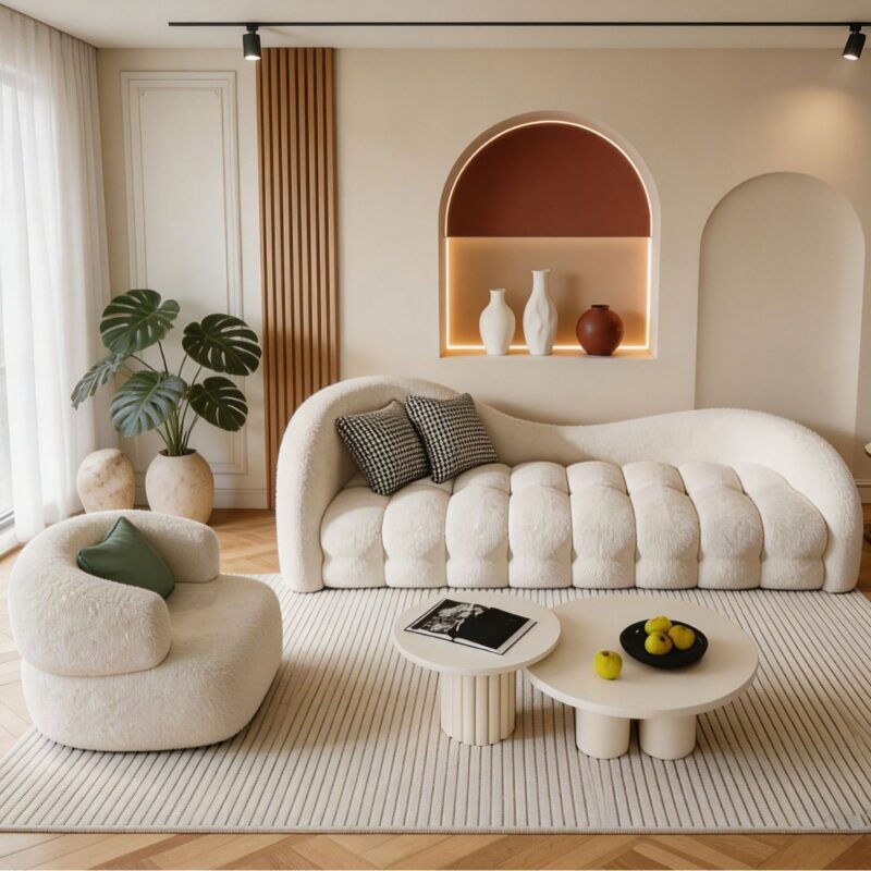 Upholstered Curved Sofa, Cream-colored, with Lambswool Fabric - Living room furniture - QONKA HOME