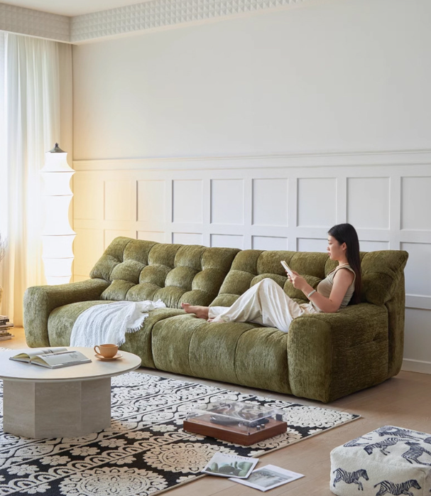 French Mid-Century Style Sofa, High-End Chenille Sofa, Vintage Green Living Room Sofa - Living room furniture - QONKA HOME