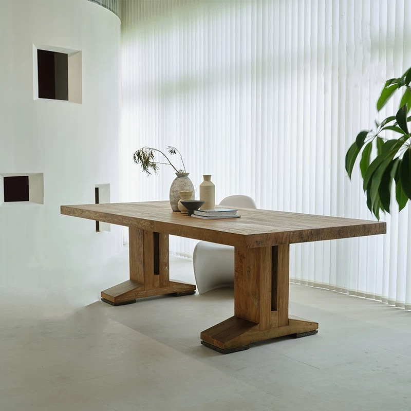 Rectangular Solid Pine Wood Dining Table Wabi Sabi Farmhouse Style Dinner Table - Dining table - QONKA HOME