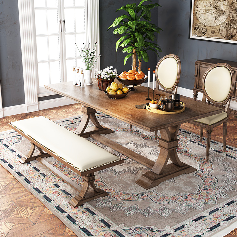 Rectangular Solid Pine Wood Dining Table Farmhouse Trestle Leg Dinner Table - Dining table - QONKA HOME
