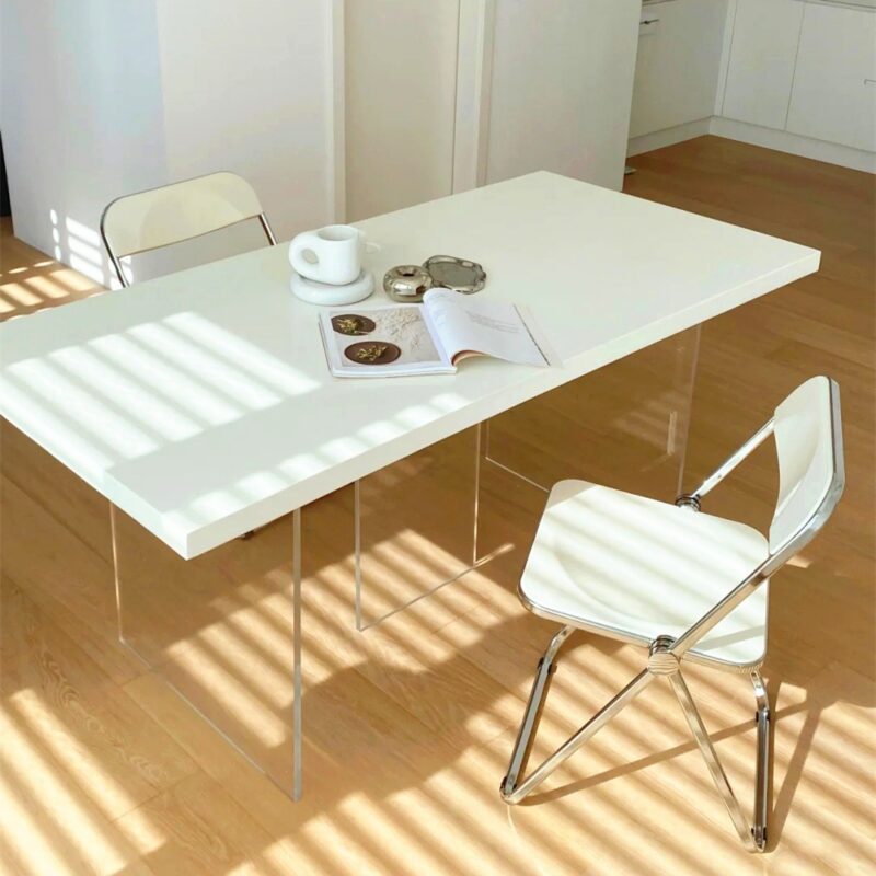 Rectangular Solid Wood Table with Acrylic Legs Minimalist White Dining Desk - Dining table - QONKA HOME