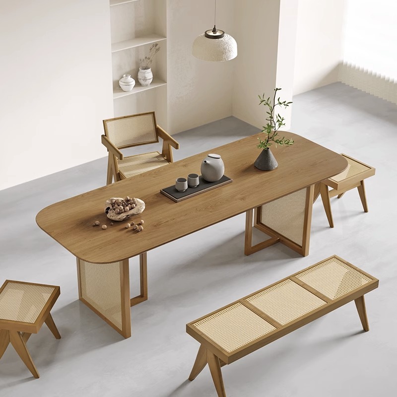 Oval Solid Wood Dining Table Rattan Panel Leg Wabi Sabi Dinner Table Pine / Ash Wood Optional - Dining table - QONKA HOME