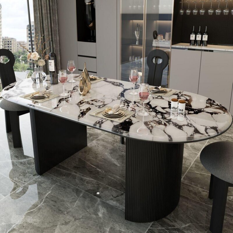 Oval Artificial Marble Dining Table Fluted Carbon Steel Leg Modern Luxury Dinner Table - Dining table - QONKA HOME