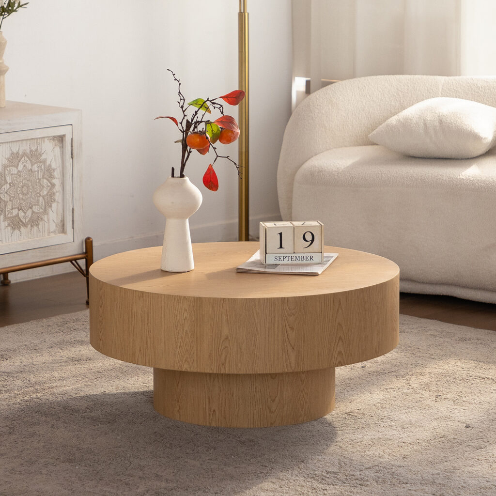 Modern Wooden Grain Circular Center Table, Cylindrical Base Design with MDF - Coffee table - QONKA HOME