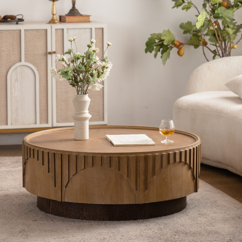 Mid-century round solid wood coffee table with carved fluted pedestal base from QONKA HOME
