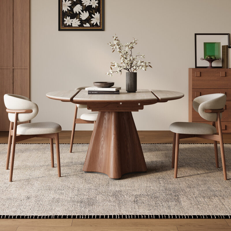 Extendable Round Dining Table Sintered Stone Top with Solid Wood Base and Fiberglass Table Leg - Dining table - QONKA HOME