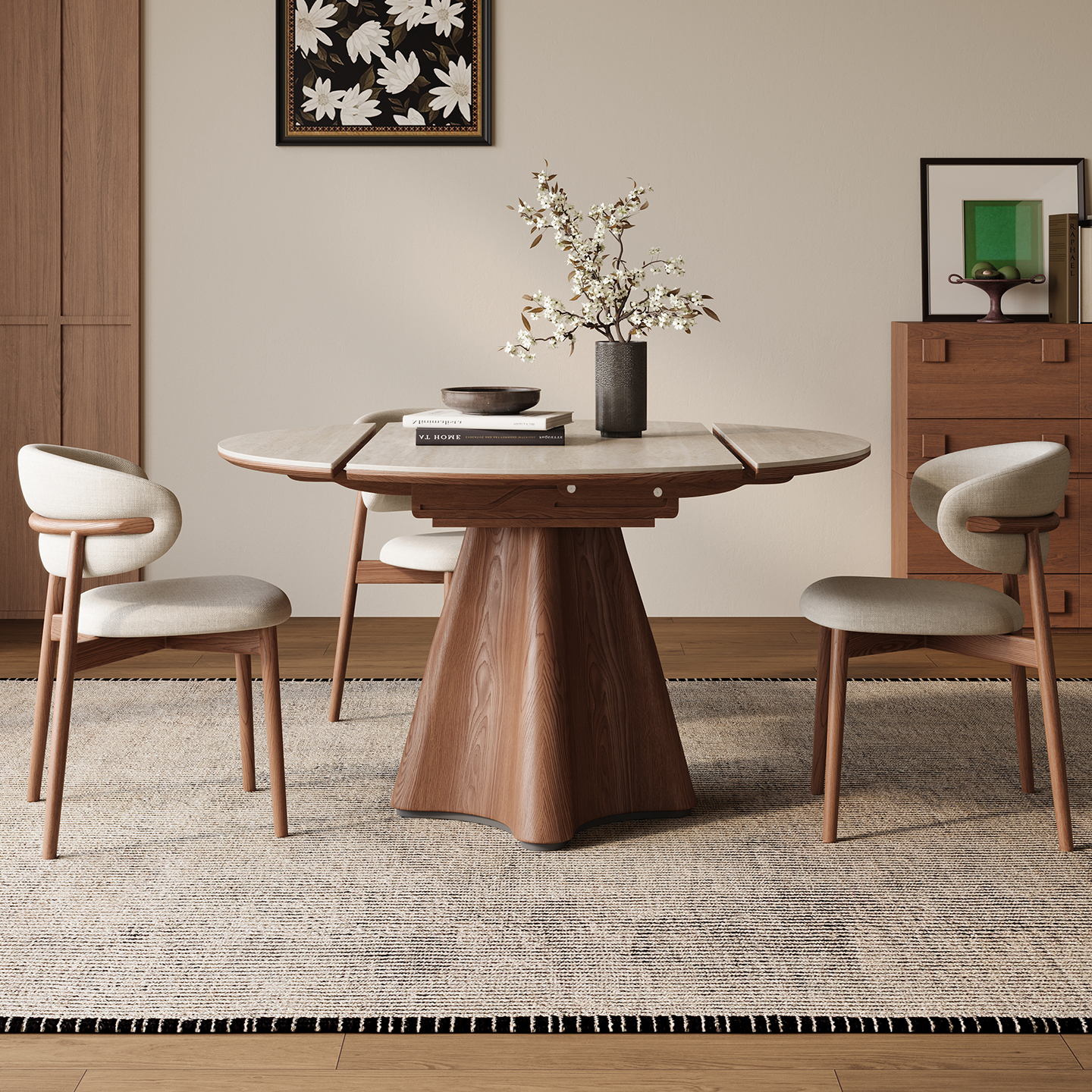 Extendable Sintered Stone Dining Table Retractable Foldable Tabletop Carbon Steel Geometric Base Modern Rectangular Dining Table for Home Dining Room