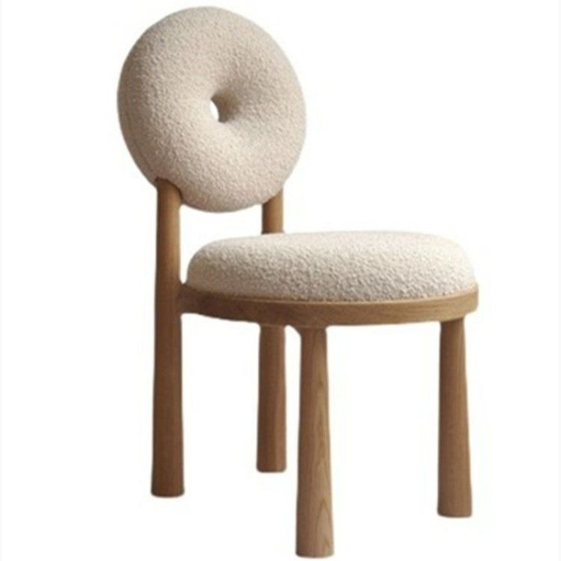 Solid Wood Dining Chair Donut Round Back Teddy Fabric Upholstered Makeup Stool for Bedroom Cafe Home Restaurant