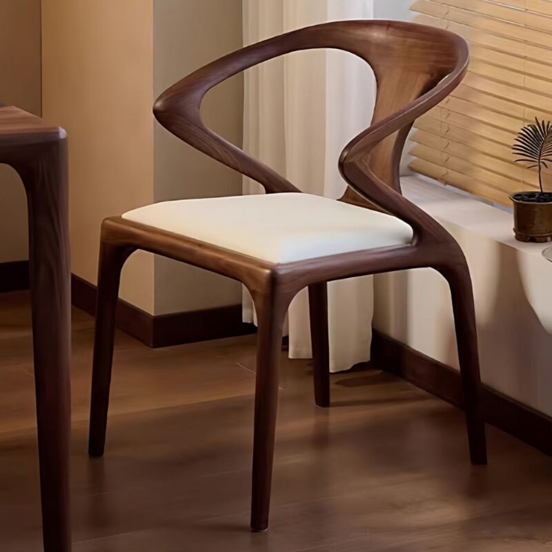 Mid-Century Modern Solid Walnut Dining Chair with Integrated Curved Armrests, Ergonomic Solid Wood Accent Chair for Dining Room & Office