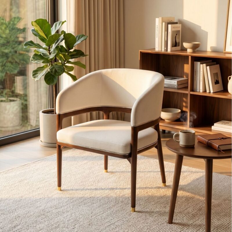Luxury Curved Arm Solid Wood Dining Chair,  High-End Ash Wood Fabric Upholstered Chair With Metal Trim For Villa Hotel - S...