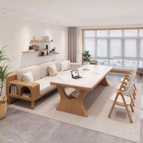 QONKA Modern Rock Slab Dining Table with Solid Pine Wood Legs Rectangular Home Dining Desk main product image 1