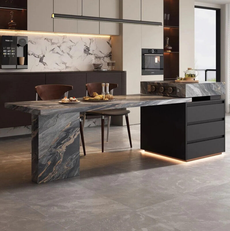 QONKA Modern Rock Slab Dining Island Table with Solid Wood Storage Cabinet Integrated Dining Table main product image 1