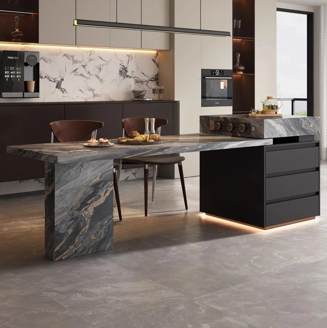 QONKA Modern Rock Slab Dining Island Table with Solid Wood Storage Cabinet Integrated Dining Table main product image 1