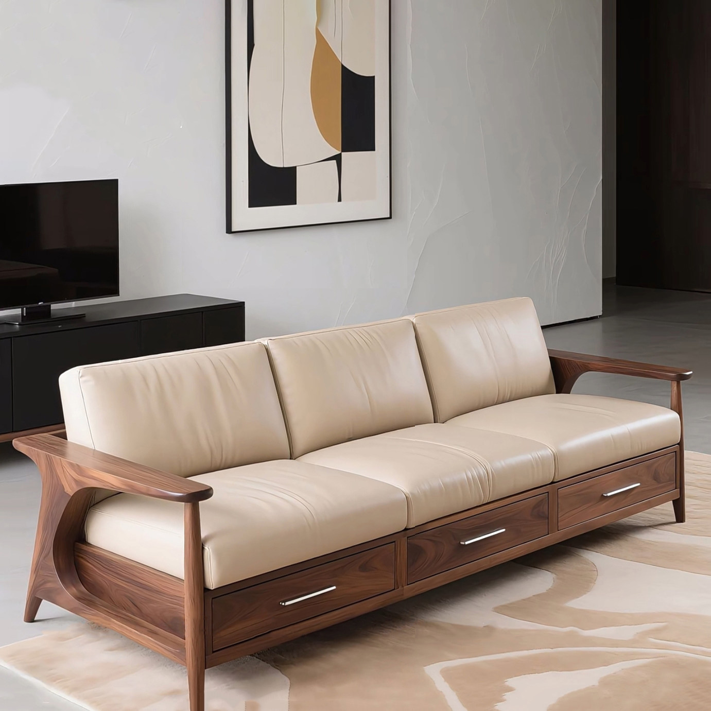 QONKA New Chinese-Style Walnut Sofa, Light Luxury and Sophistication main product image 1