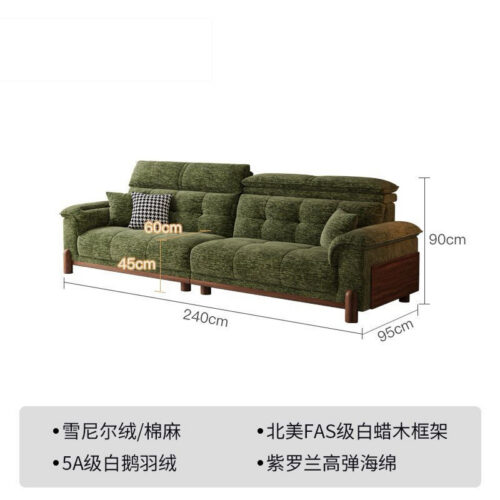 French-style Vintage Sofa, Green Chenille Solid Wood Sofa with Straight Backrest - Living room furniture - QONKA HOME
