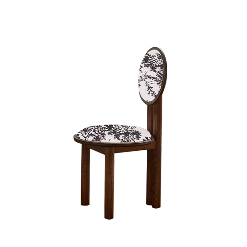 Vintage Solid Wood Dining Chair With Round Hollow Backrest, Cream Boucle Teddy Fabric Upholstered Seat, Mid Century Modern Designer Side Chair For Dining Room Kitchen