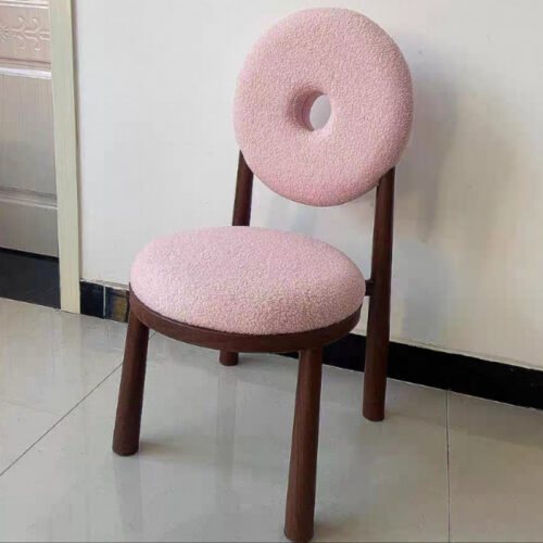 Solid Wood Dining Chair Donut Round Back Teddy Fabric Upholstered Makeup Stool for Bedroom Cafe Home Restaurant - Solid wo...