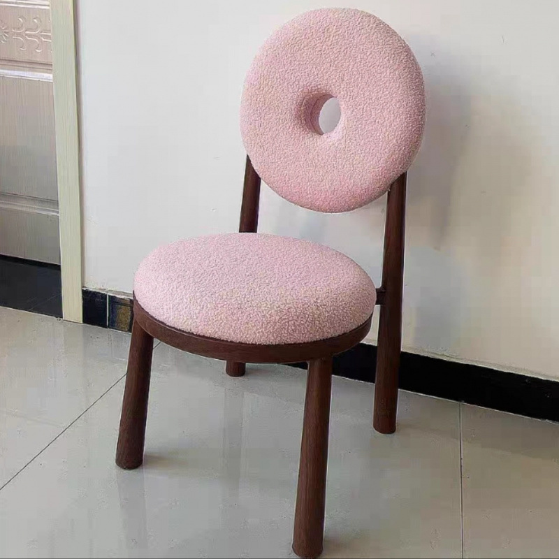 Solid Wood Dining Chair Donut Round Back Teddy Fabric Upholstered Makeup Stool for Bedroom Cafe Home Restaurant